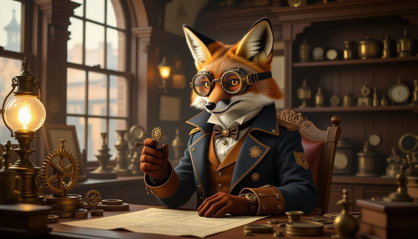 Steampunk Fox Tinkering in Victorian Workshop