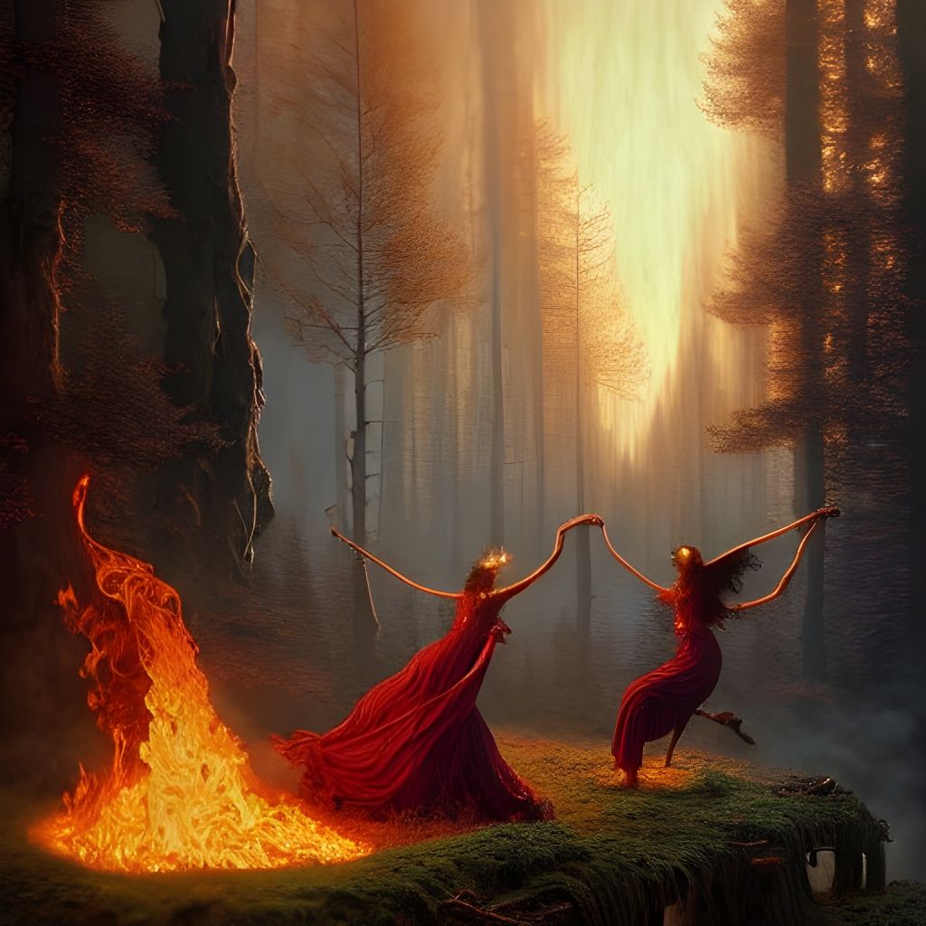 Witches Dancing Around Fire in Photorealistic Style
