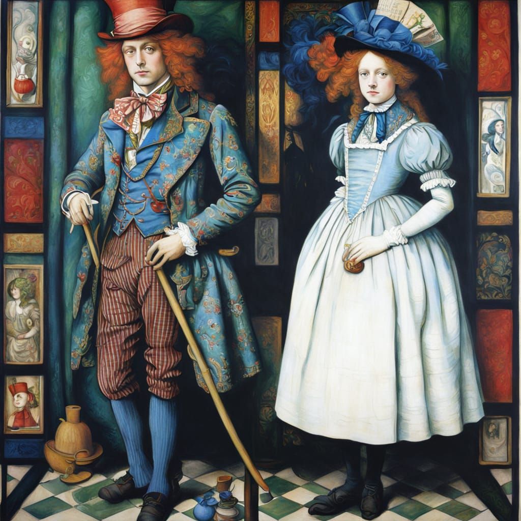 Alice and the Hatter in Whimsical Renaissance Style