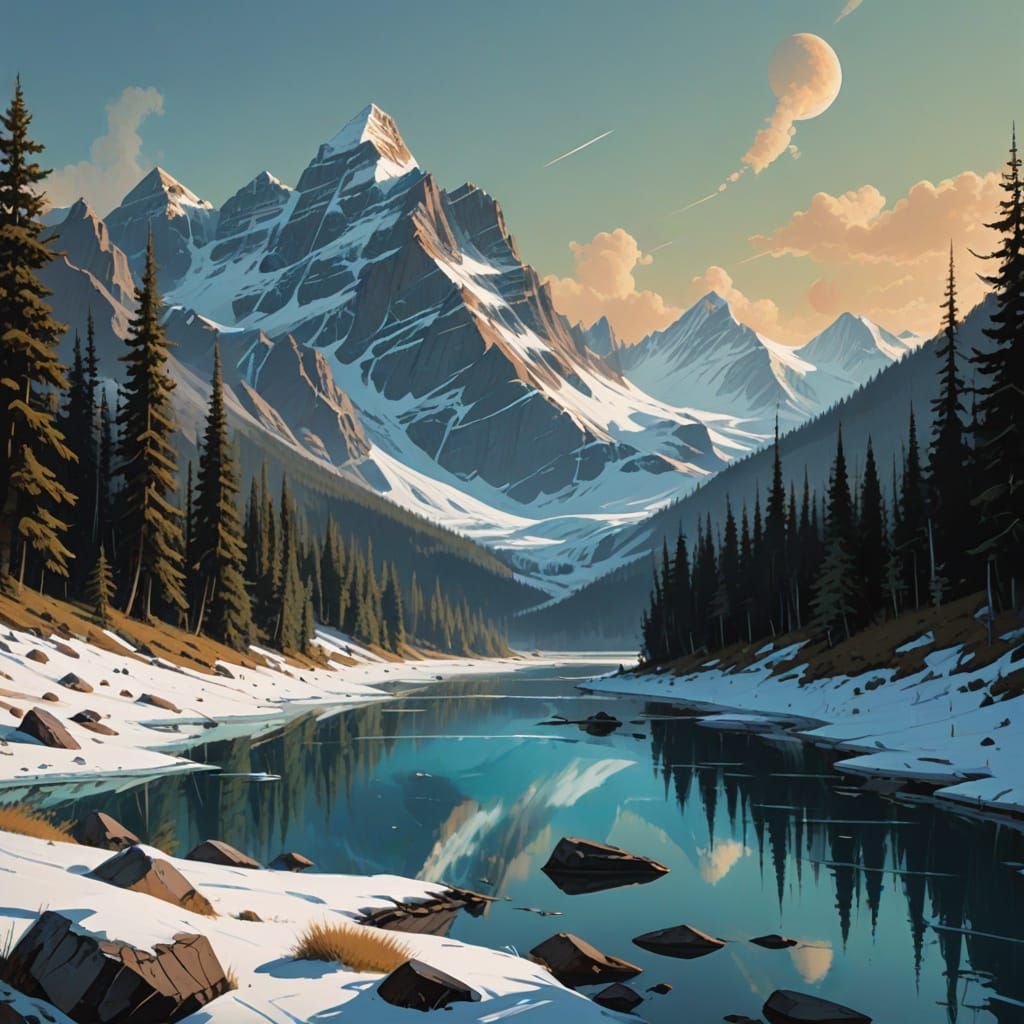 Surreal 1980s Canadian Rockies Landscape in Photorealistic S...
