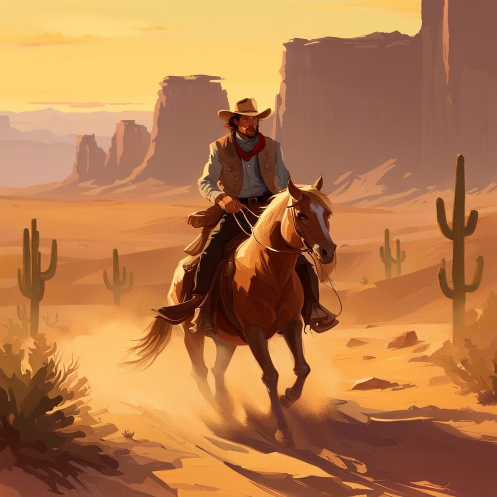 Cowboy on Horseback in Desert Landscape