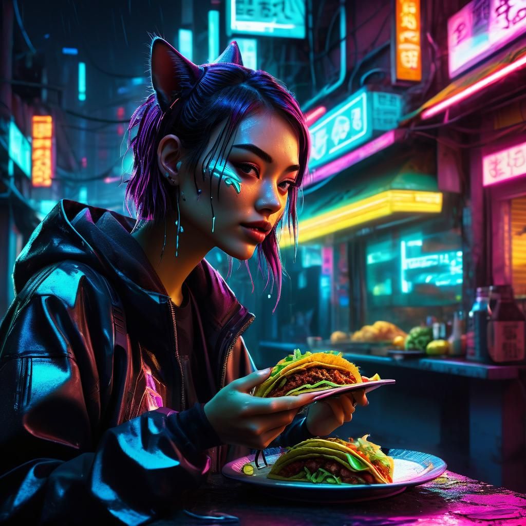 Cyberpunk Feline Girl Eating a Futuristic Taco