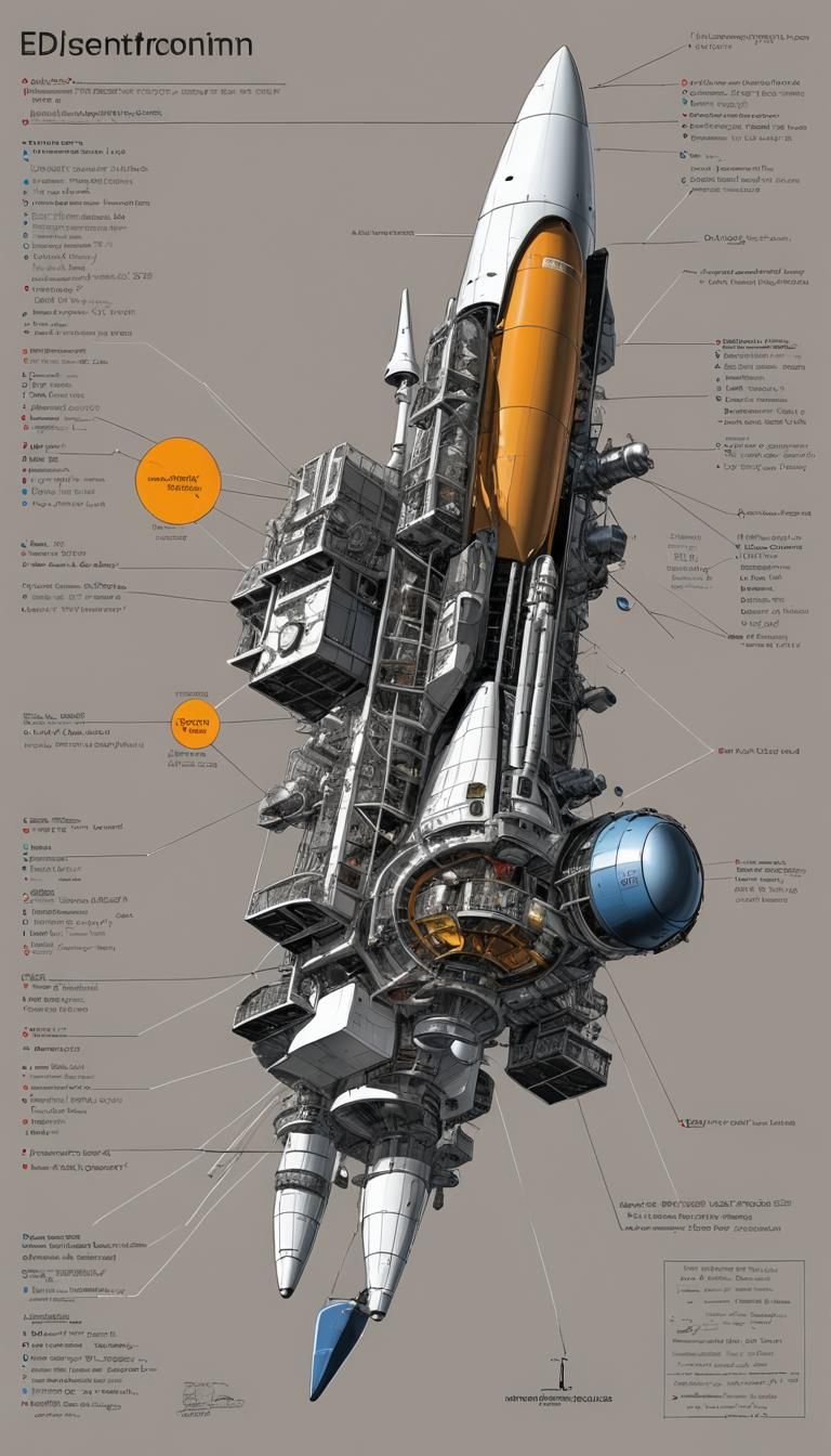 Color coded engineering drawing, interplanetary transport ship, ion engines