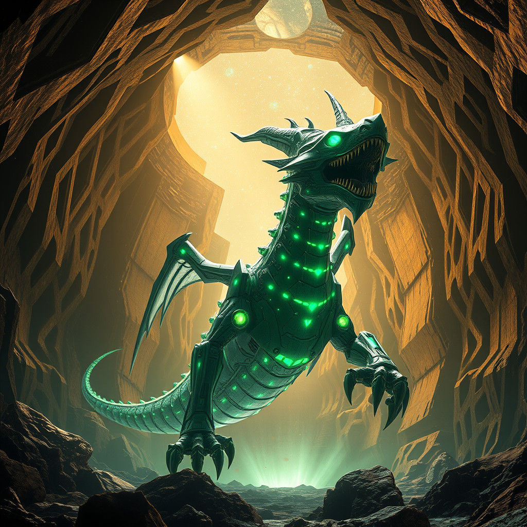 Mechanical Dragon Emerges from Emerald Cavern