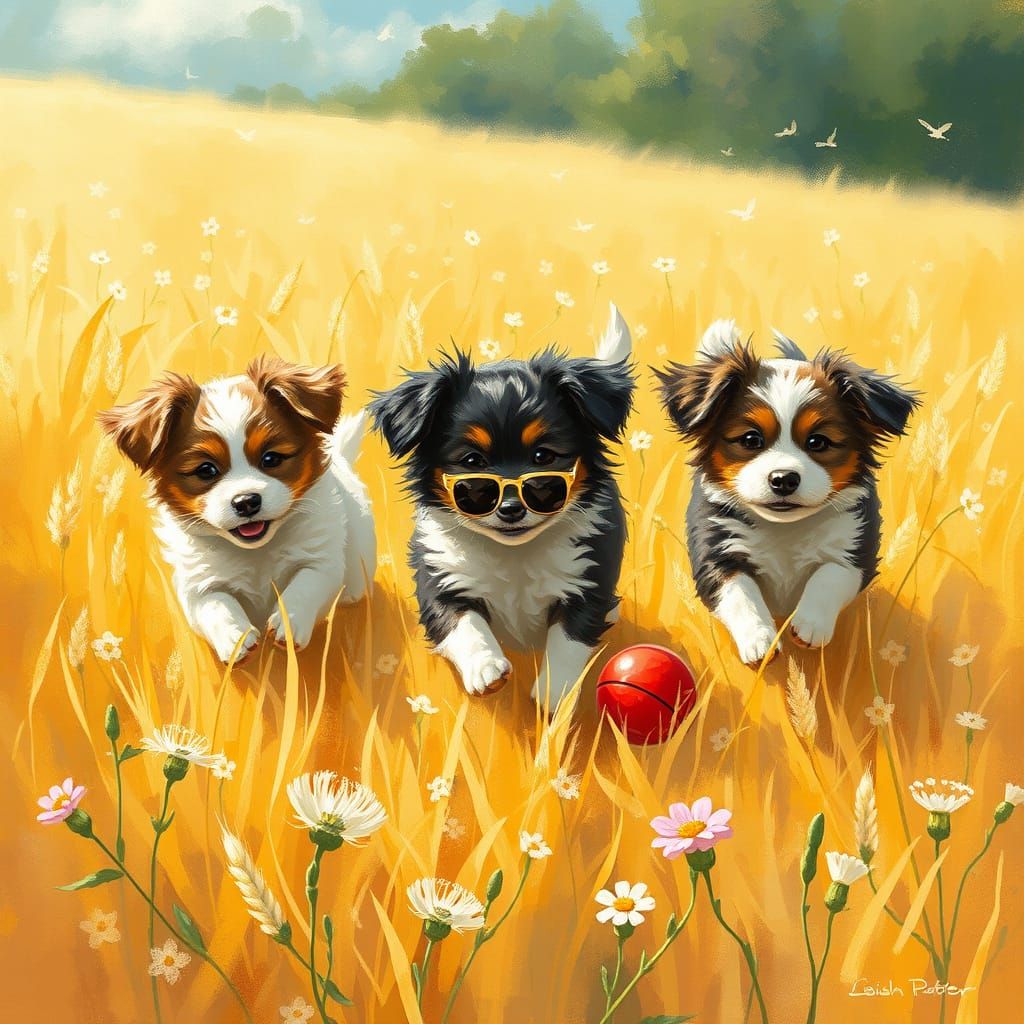 Dogs at Play in a Golden Wheat Field