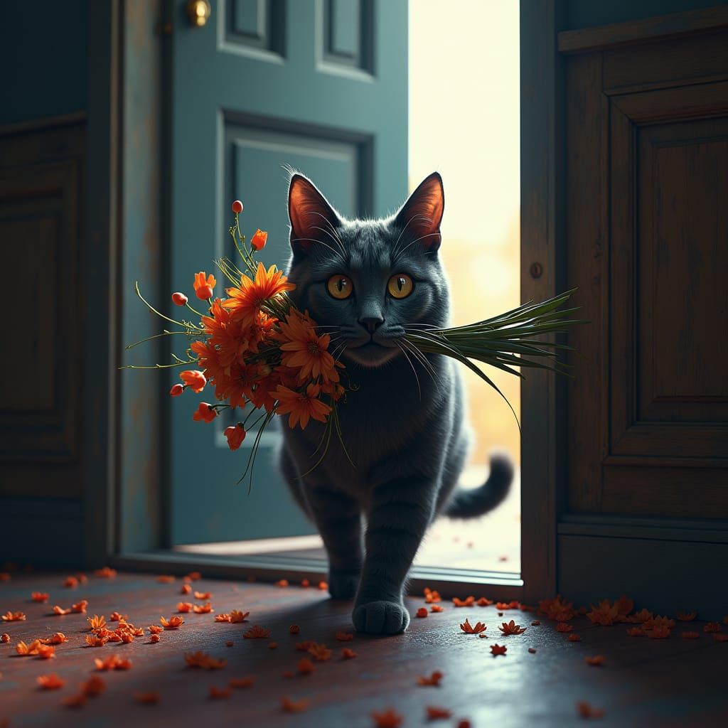 Angora Cat Delivers Flowers: Detailed Matte Painting