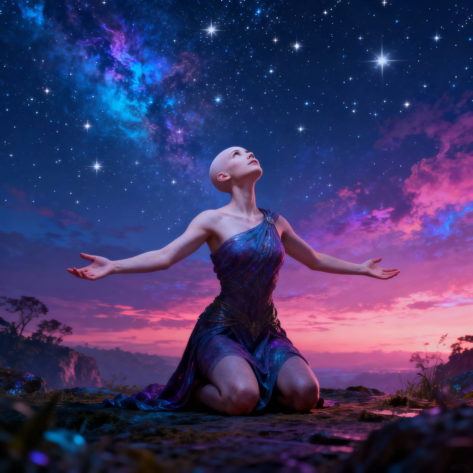 Bald Woman Gazes at Starlit Sky in Detailed Matte Painting