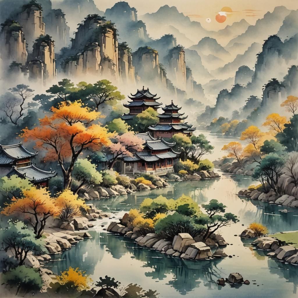 Sunlit Landscape in Chinese Watercolor Style