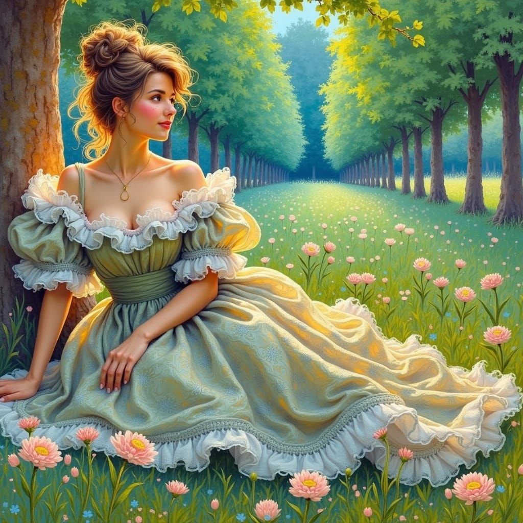 Woman Among Blooming Flowers in Impressionist Garden