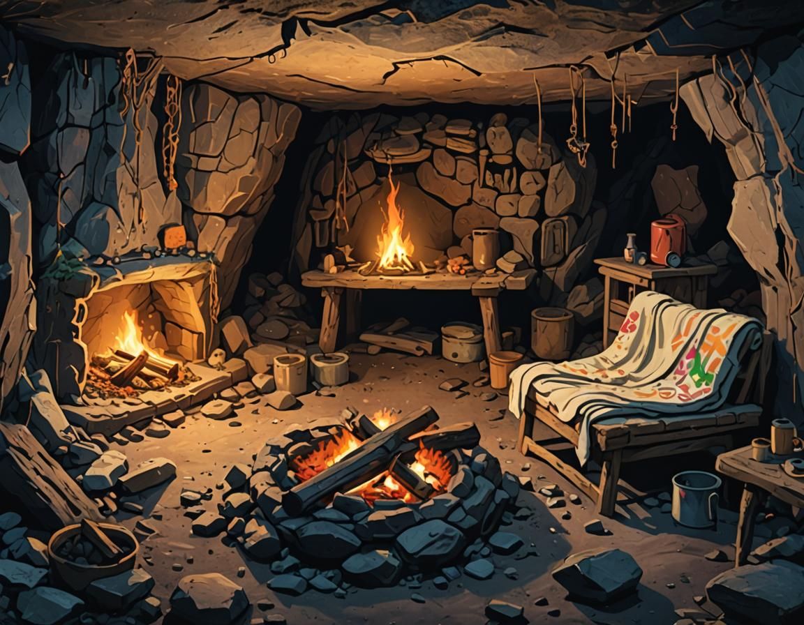 Hermit's Cave Interior Concept Art in Art Brut Style