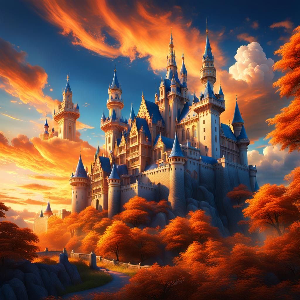 Majestic Castle Under Vibrant Sky, Digital Matte Painting