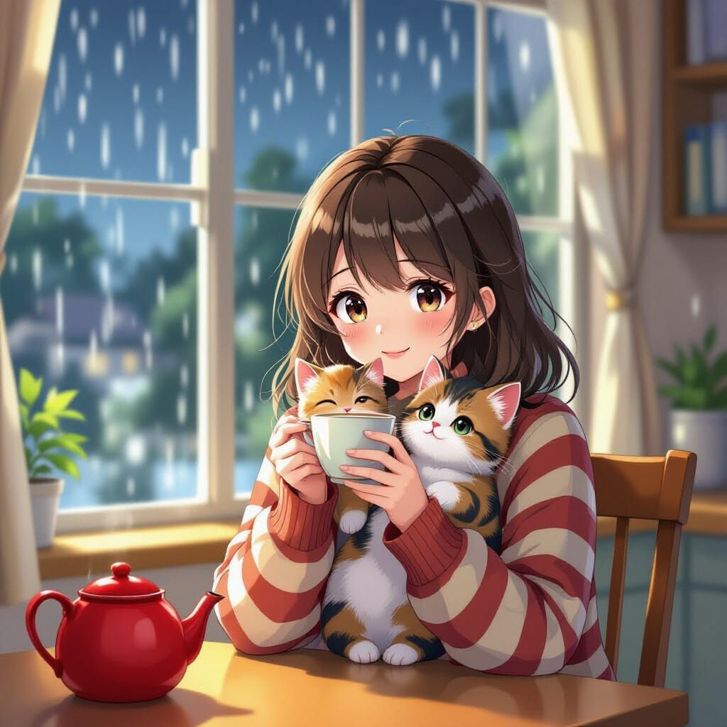 Anime Woman with Kitten Enjoys Cozy Tea Time