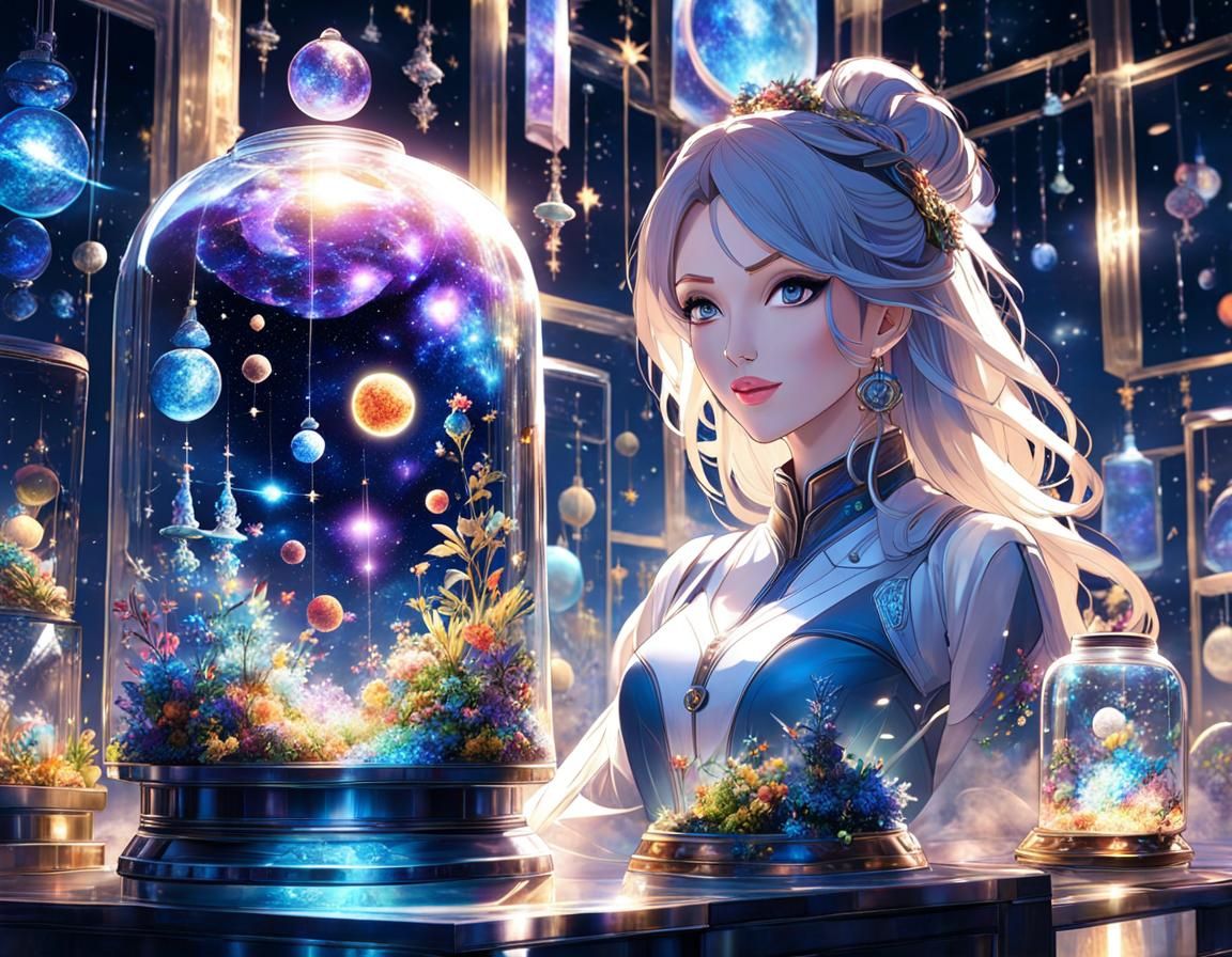 Girl Holds Universe in Jar: 3D Anime Art
