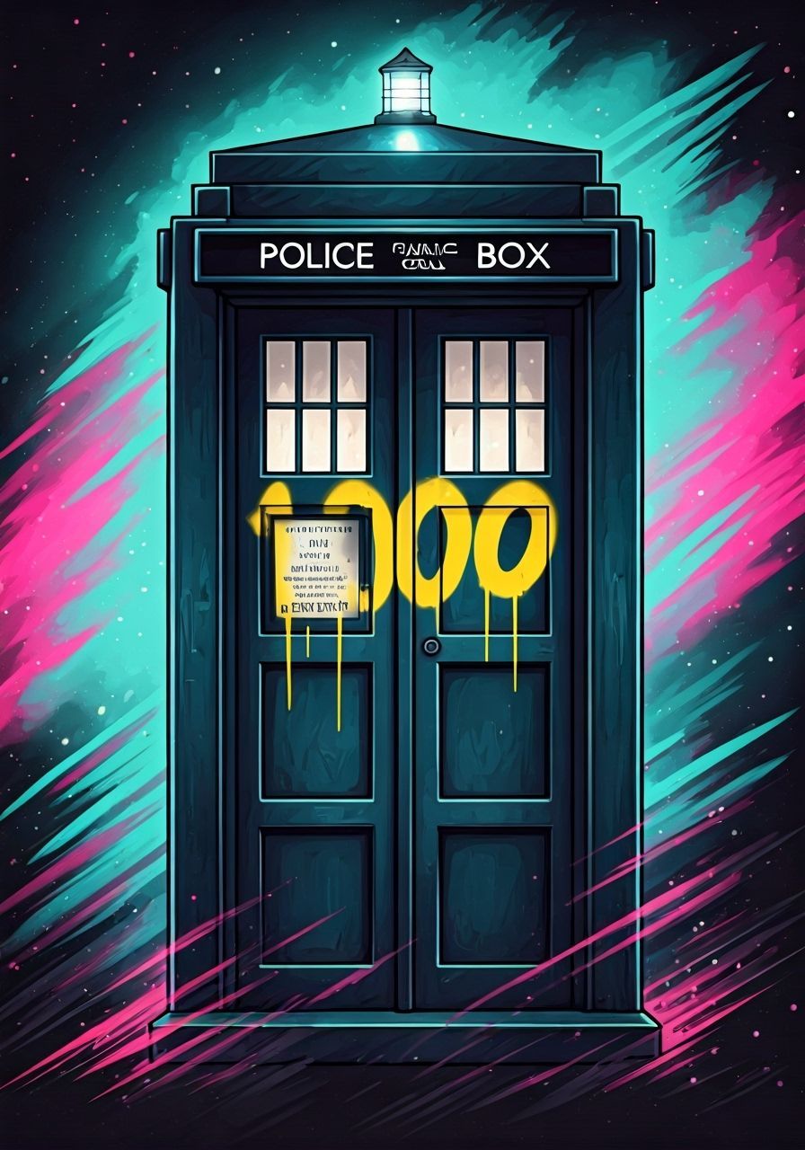 Melancholic TARDIS with Graffiti in Graphic Novel Style