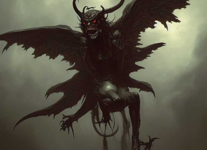 Sinister Winged Demon in Hellish Landscape