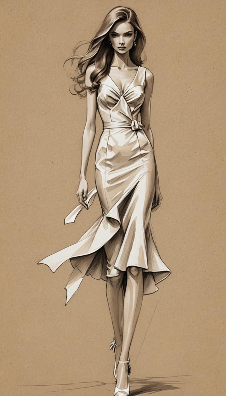 Fashion Model in Ivory Dress: Pencil Sketch