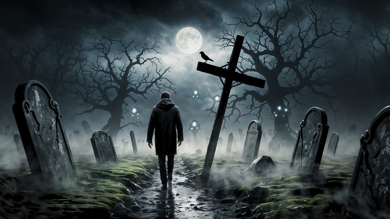 Midnight Shadows in a Foggy Graveyard