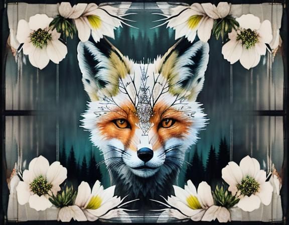 Transparent Fox Double Exposure Amidst Floral Forest