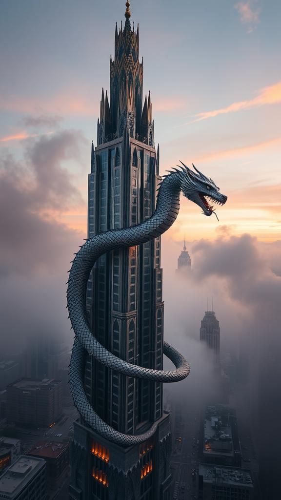 Art Deco Skyscraper with Serpent in Dusk