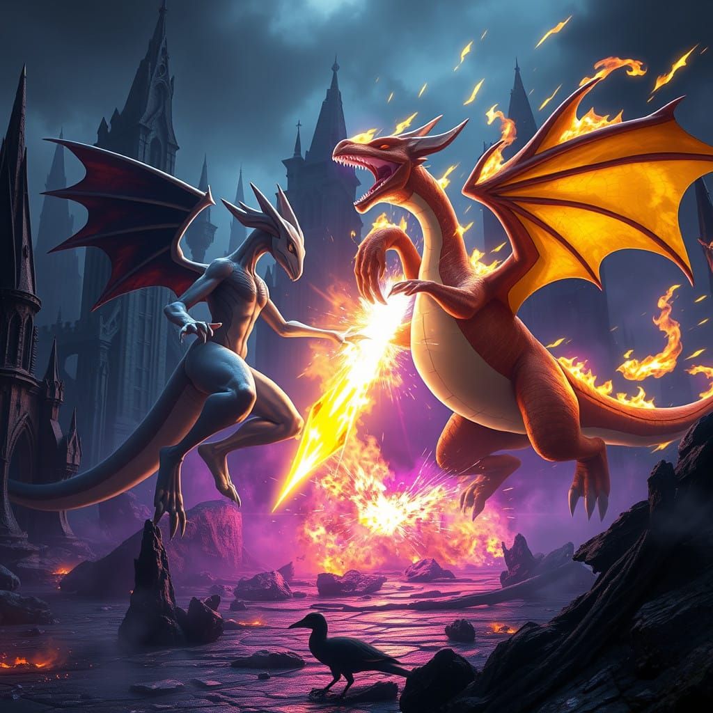 Mystical Battle of Mewtwo and Charizard in a Dark, Gothic Re...