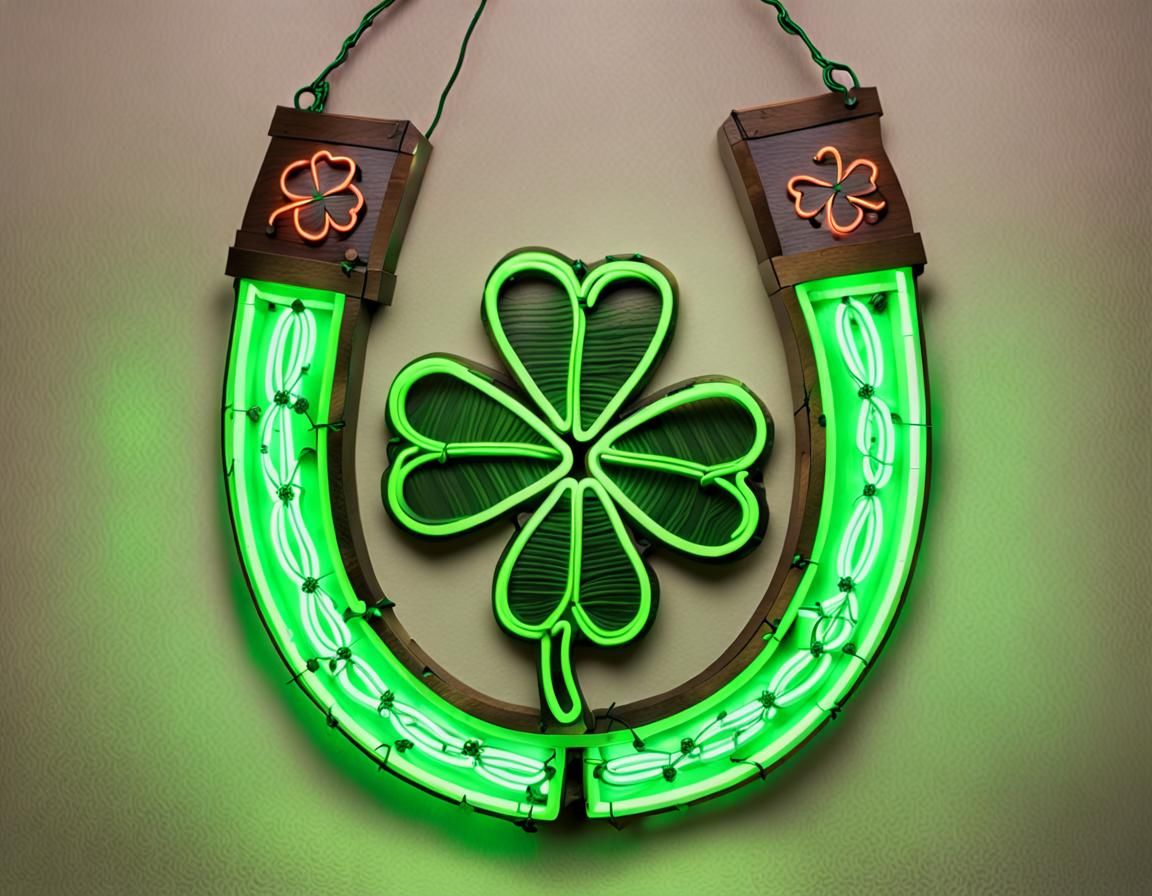 Lucky Horseshoe and Clover with Neon Number Sign