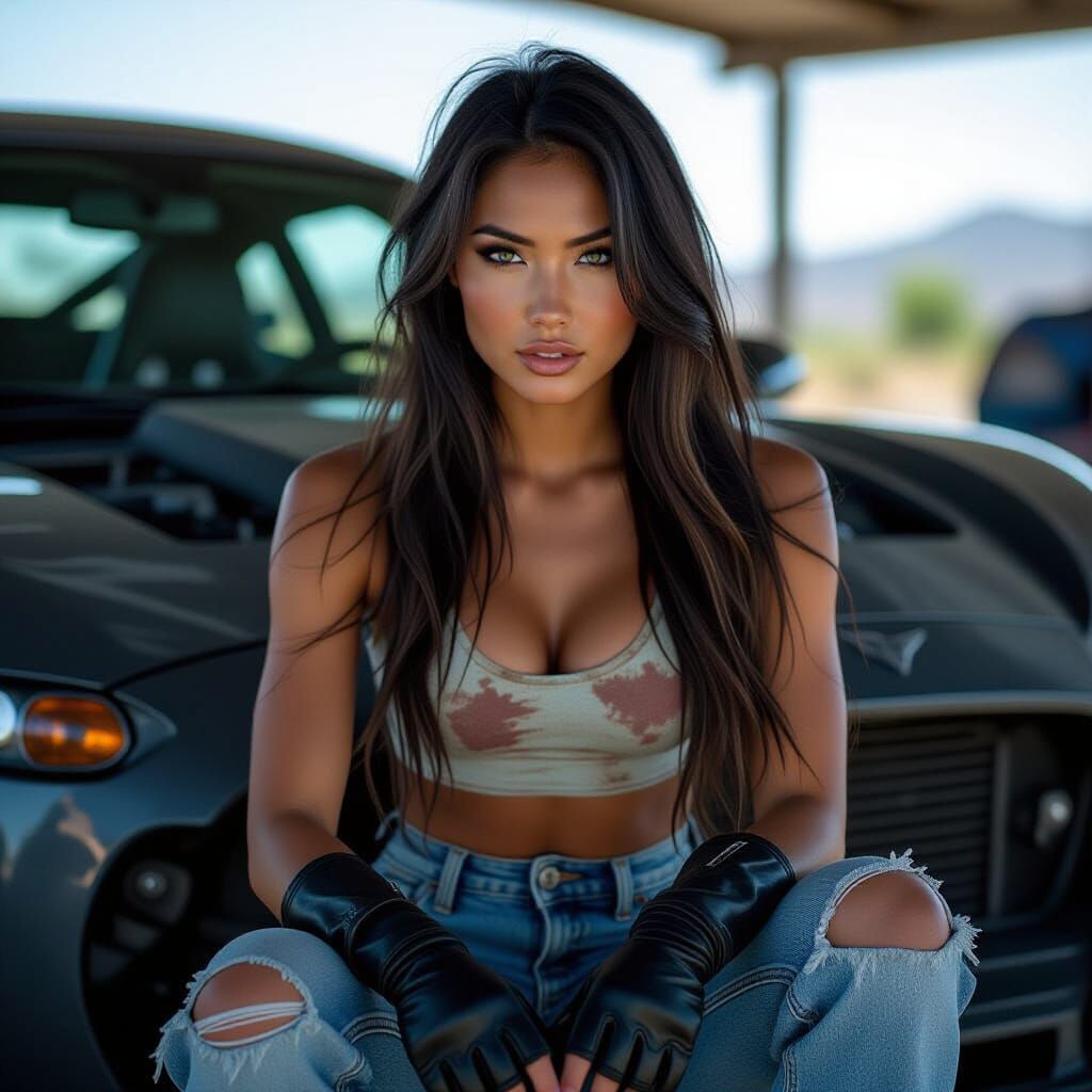 Mechanic Woman Works On Sports Car Cinematic Film Still