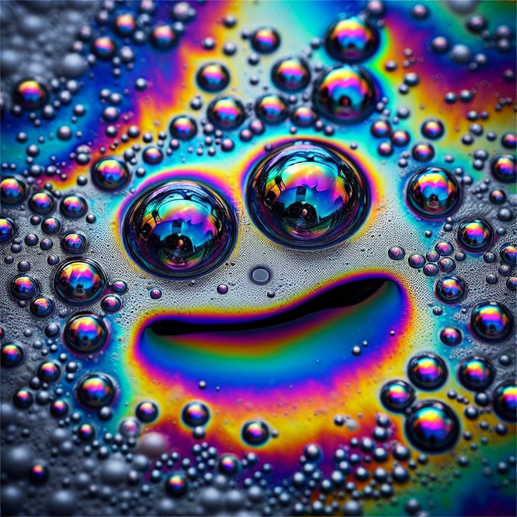 Rainy Puddle with Rainbow Oil Slick and Bubble Face