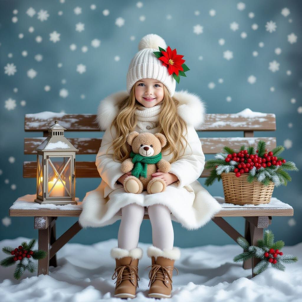 Girl in Winter Coat with Teddy Bear on Snowy Bench