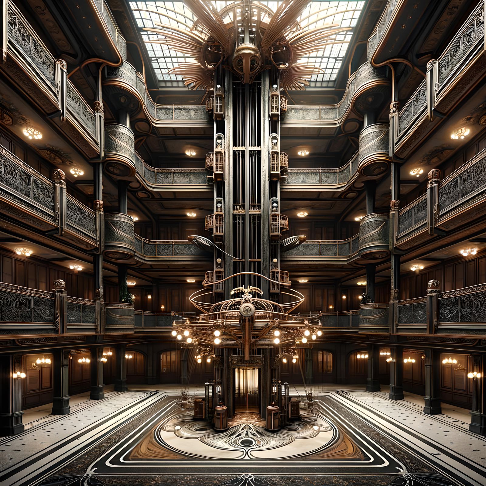 Art Nouveau Hotel Lobby with Ornate Elevator