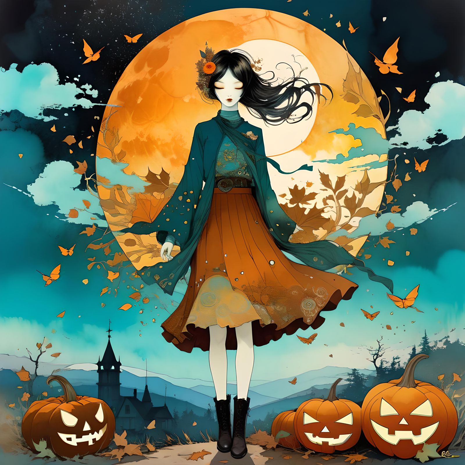 Whimsical Autumn Collage in Alcohol-Ink Style