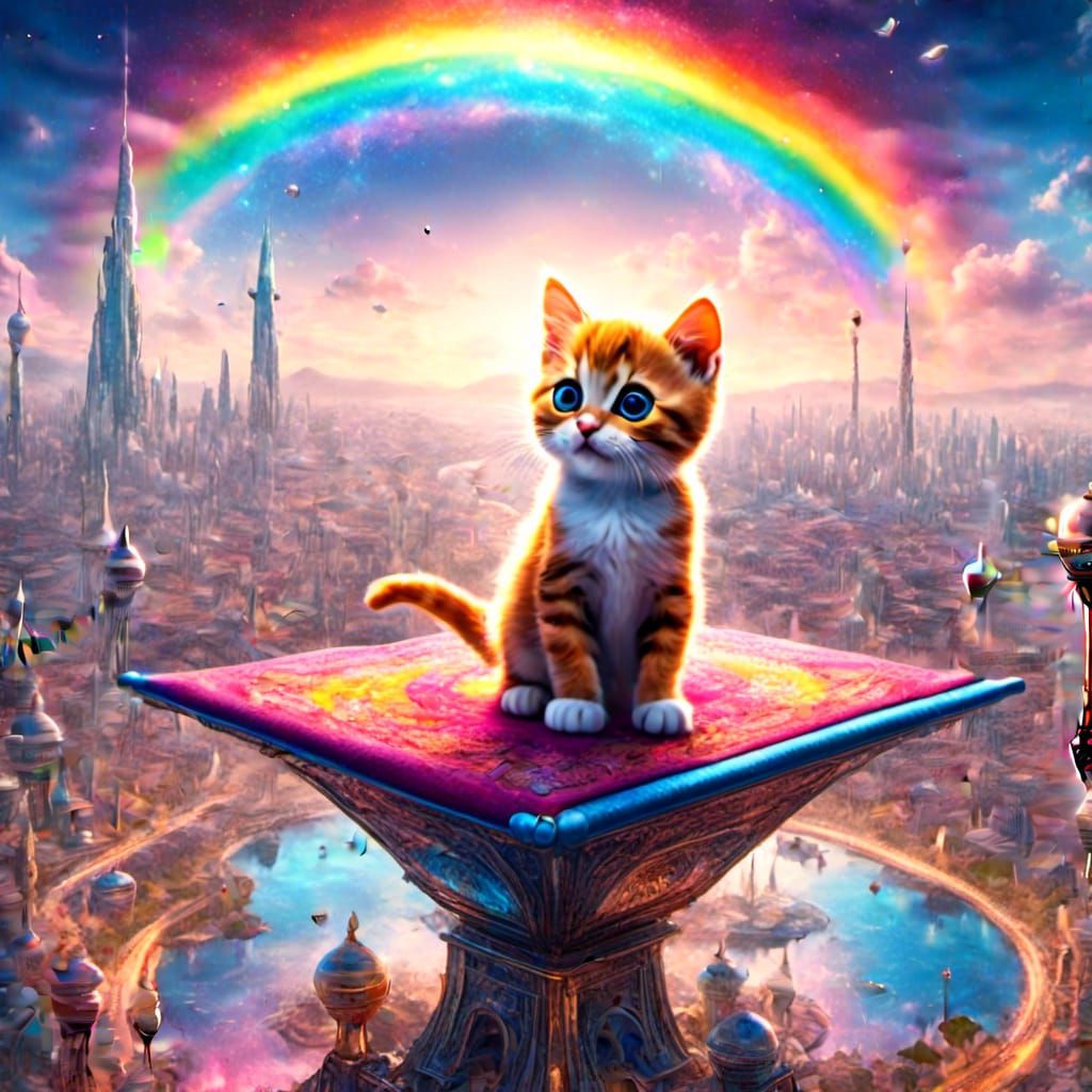 Adorable Kitten on Magic Carpet Over Alien City