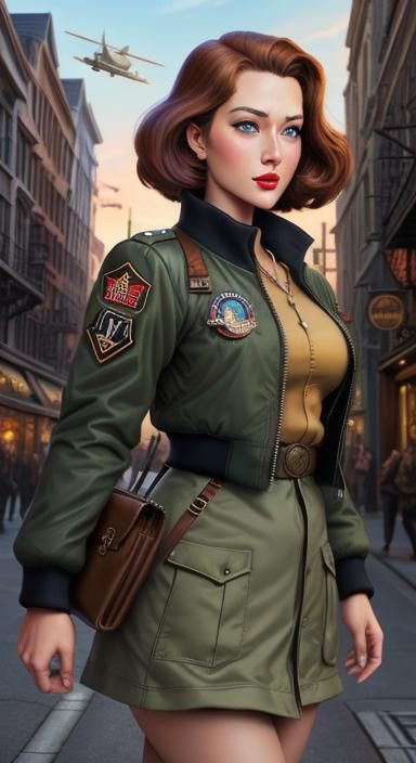 Cute Girl in WWII Bomber Jacket, Comic Book Style