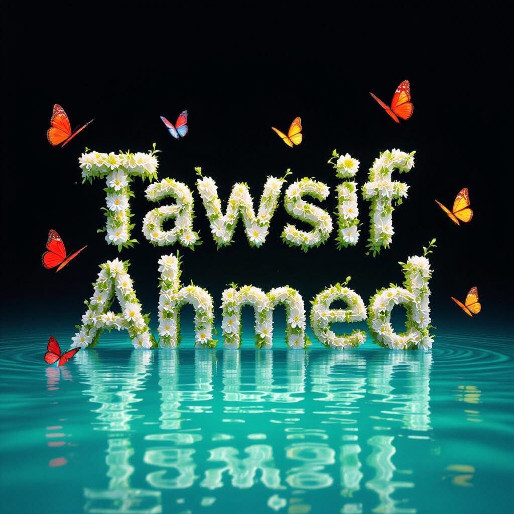 Floral Text 'Tawsif Ahmed' Above Turquoise Water with Butter...