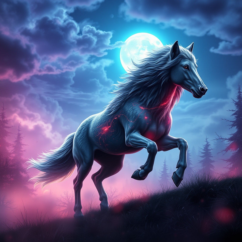 Majestic Wolf Horse Galloping Across Mystical Landscape