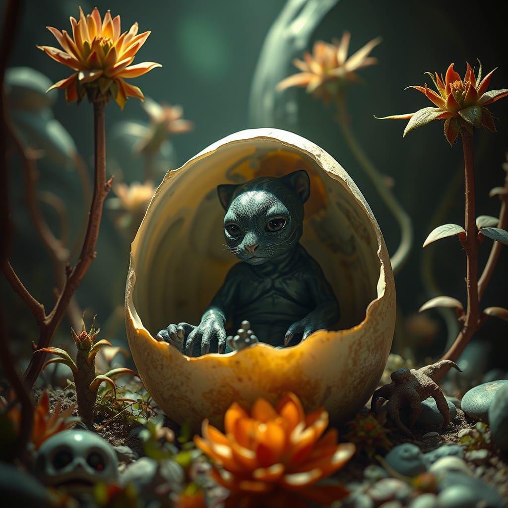 Alien Panther Baby in Eggshell with Alien Plants