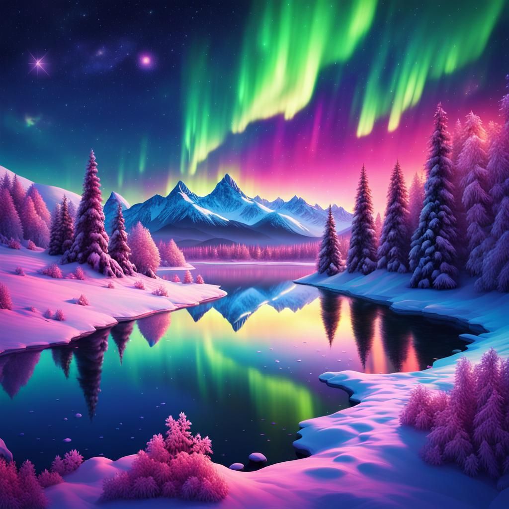 Fantasy Winter Landscape with Aurora Borealis