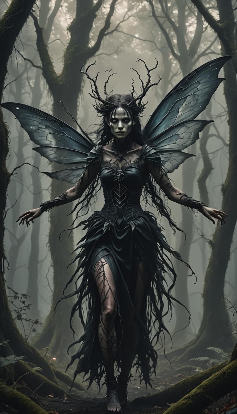 A Hyper-realistic image of a dark fairy an Eldritch beauty dancing in a dark and dystopian mystic forest dark creatures ...