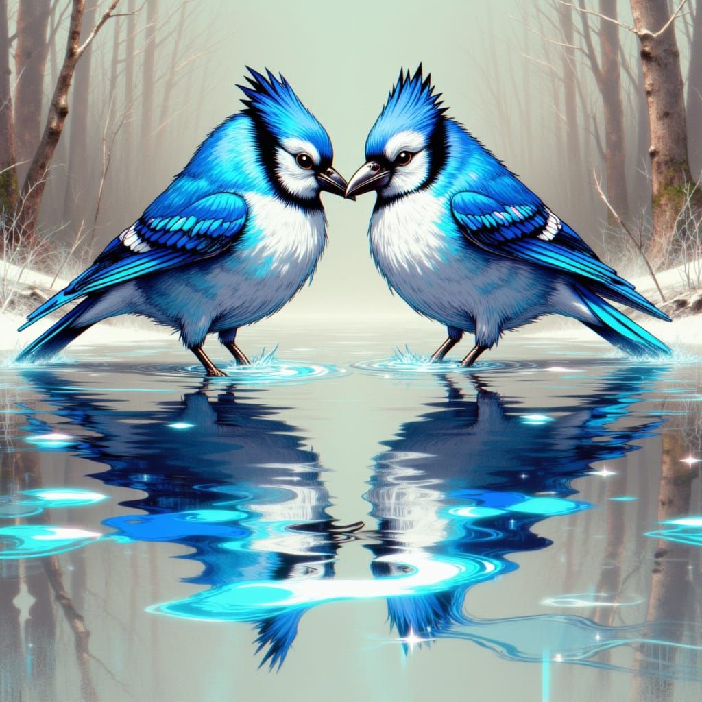 Symmetrical Blue Jay Reflection in Impressionist Style