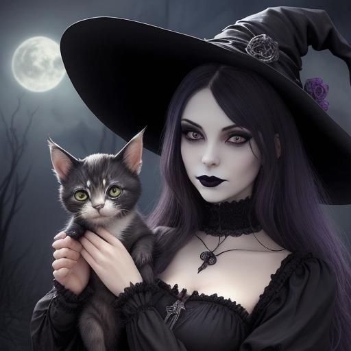 Gothic Witch and Kitten Portrait