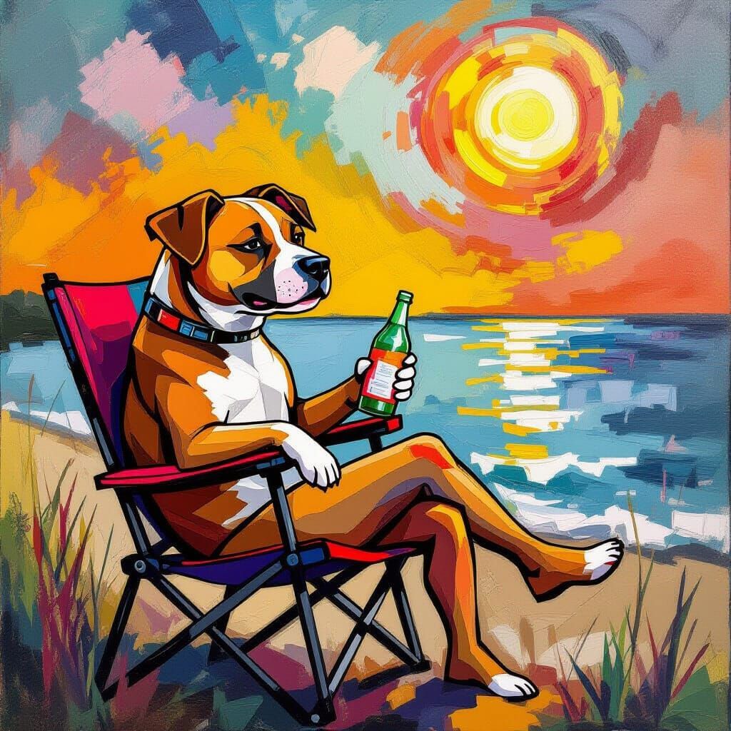 Staffy Steals Drink While Fishing in Abstract Style