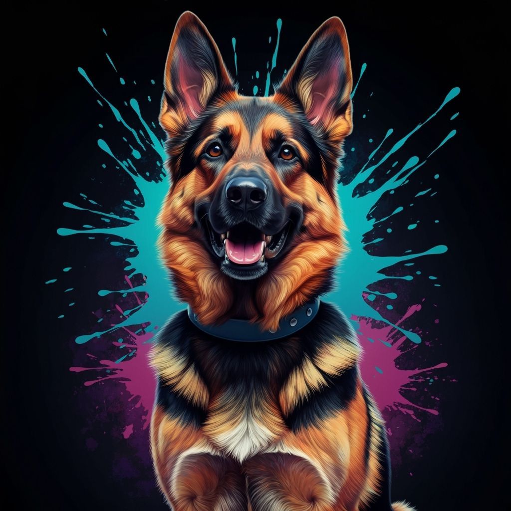 Smiling German Shepherd Dog in Dramatic Splash Art Style