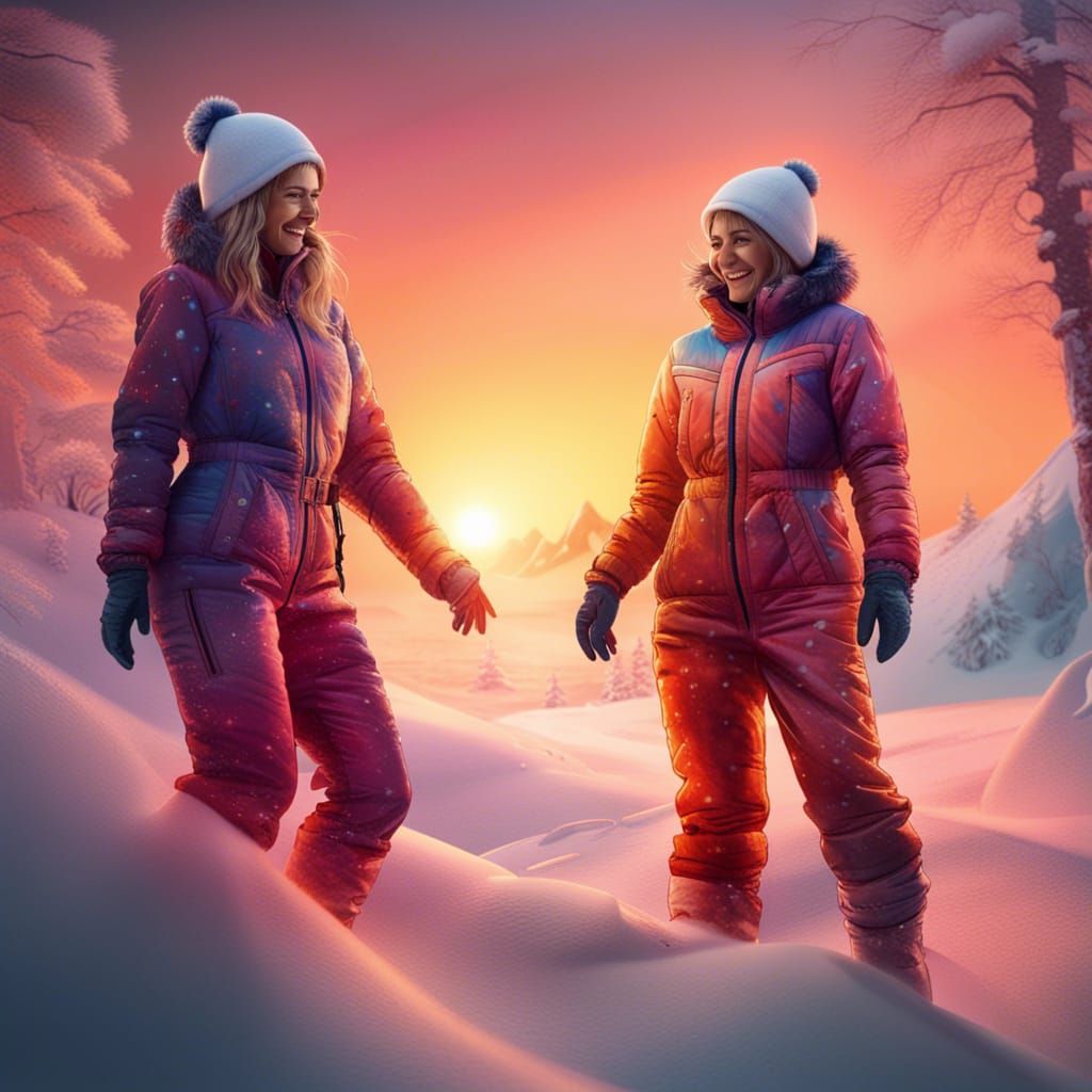 Women in Snow Gear at Sunset: Fantasy Concept Art