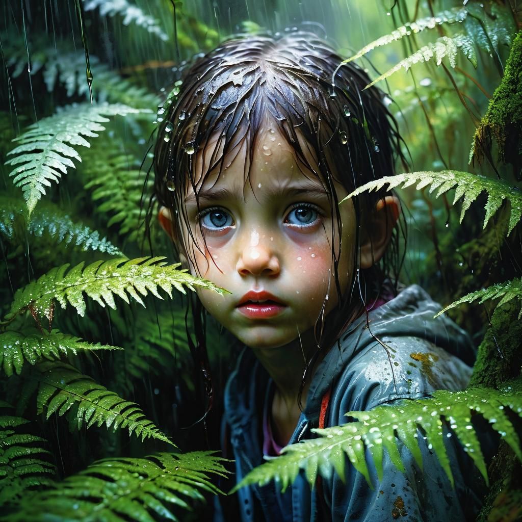 Wet Bunny Portrait in Rain, Detailed Matte Painting