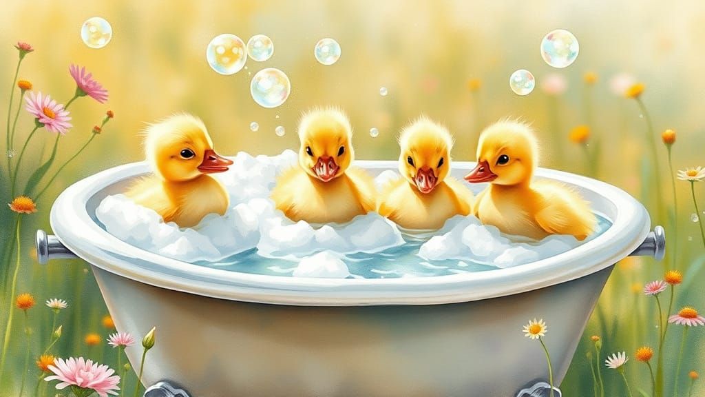 Four Adorable Ducklings Play in a Whimsical Watercolor Batht...