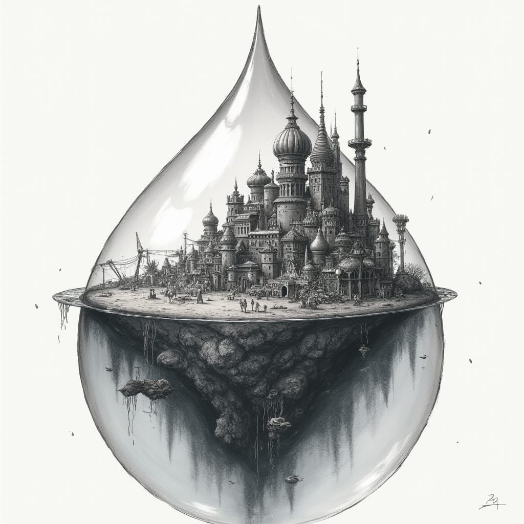 Thriving Water Civilization in Charcoal Drawing Style