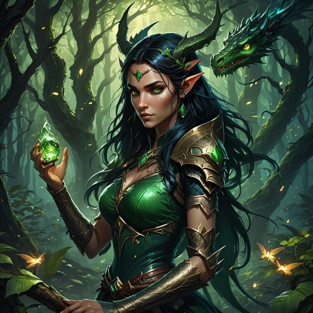 Elf with Dragon in Dark Forest: Fantasy Art
