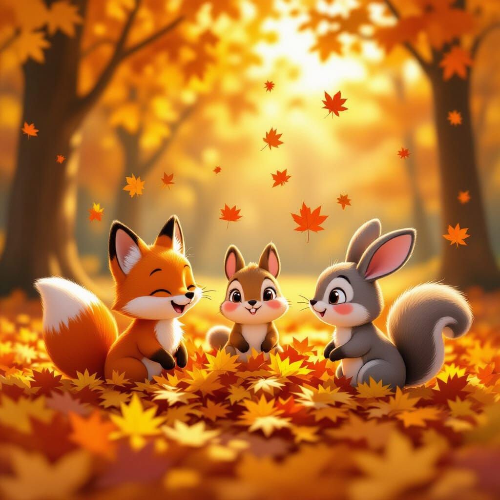 Cute Cartoon Animals Play in Autumn Leaves in Hi-Fi Style