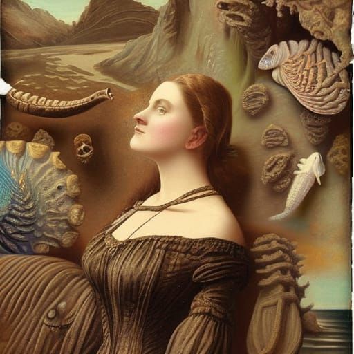 Victorian Oil Painting of Marine Fossils in Cliff