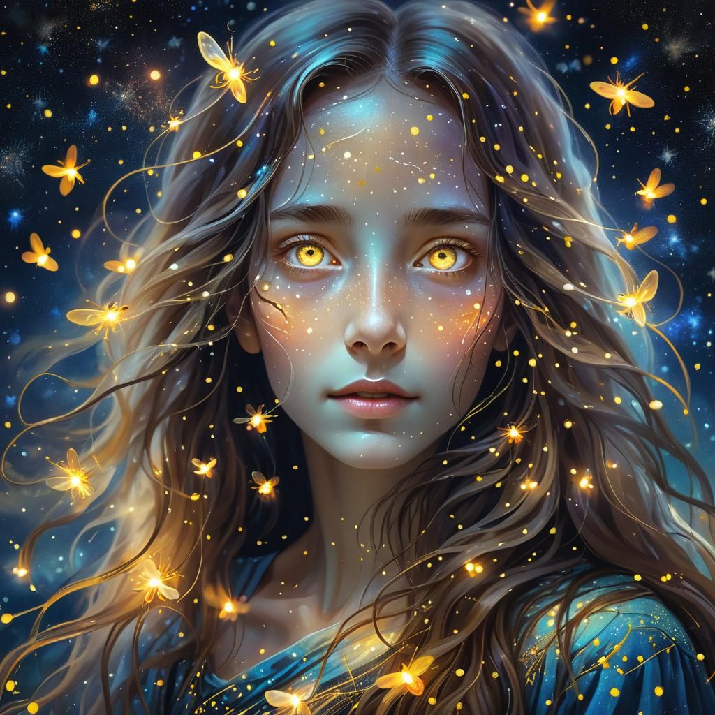 Mystic Woman Surrounded by Fireflies in Starry Night