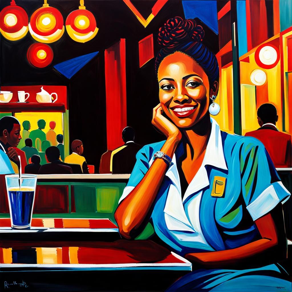 Smiling Waitress in Late-Night Cafe: Acrylic Painting